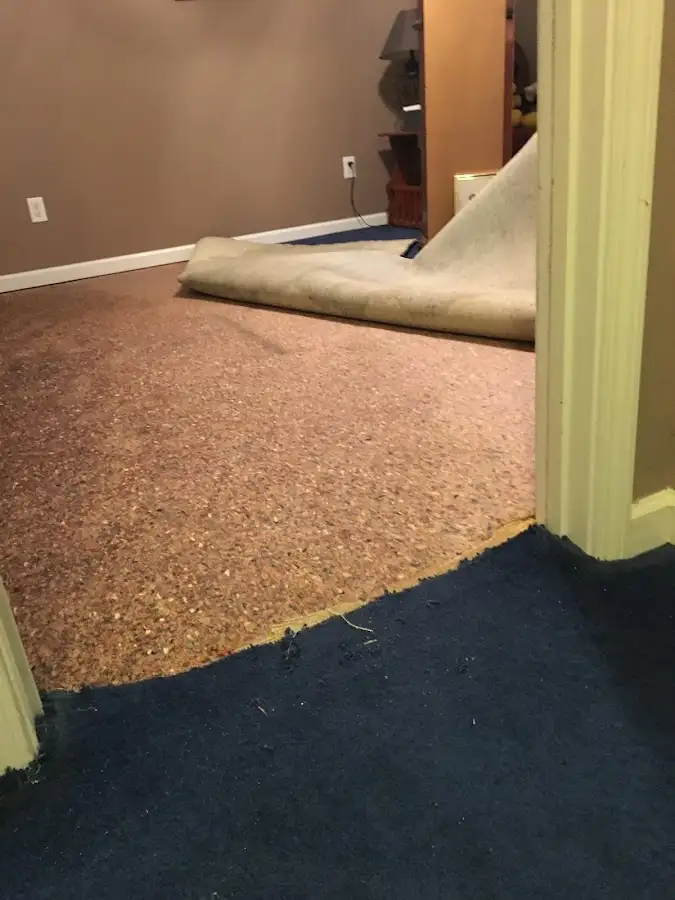 Carpet pad removal revealing water damage during Water Mitigation Services in Frankstown